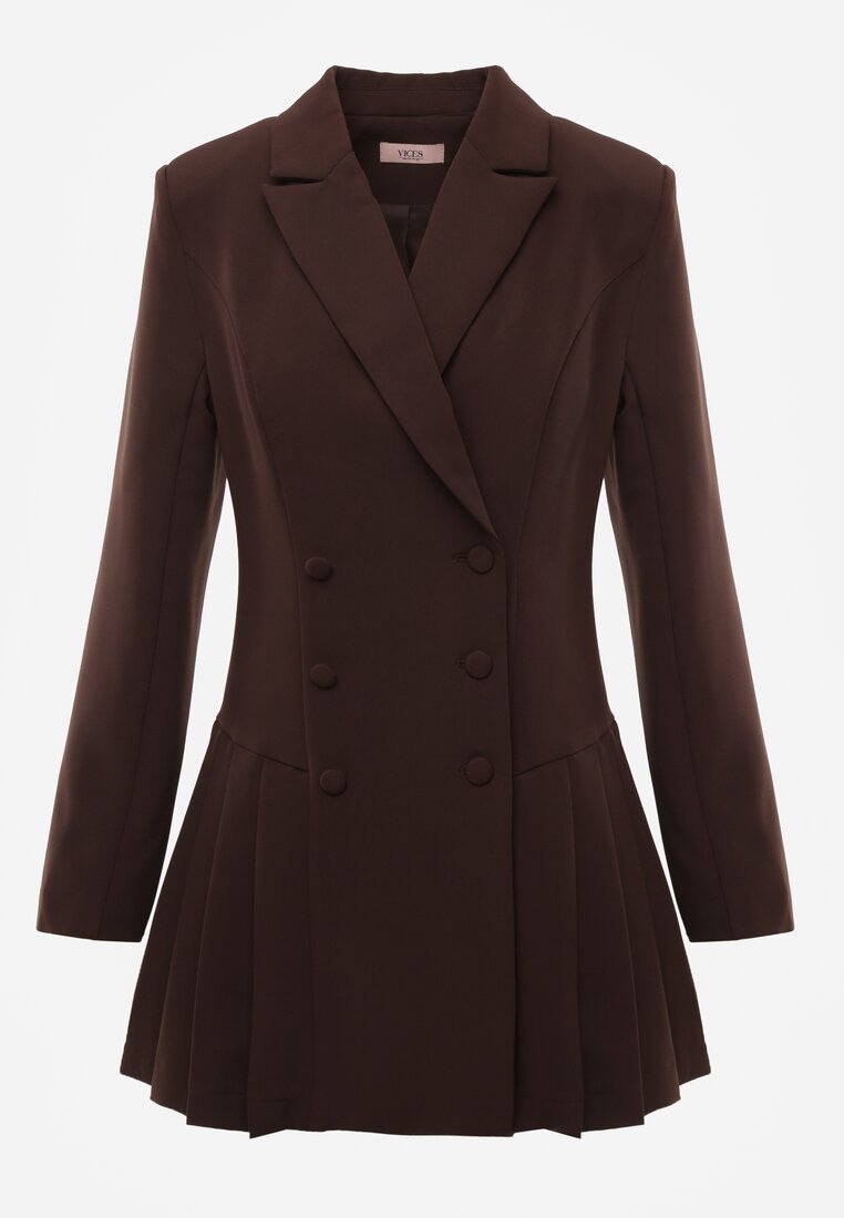 Brązowa Rozkloszowana Sukienka Marynarka VICES z Usztywnianymi Ramionami Ilarita