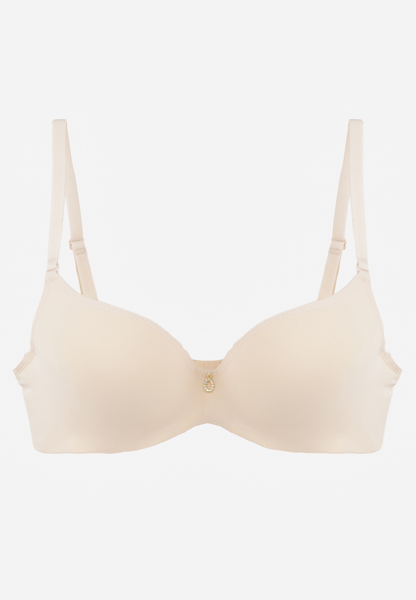 Beżowy Biustonosz Push Up o Gładkim Wykończeniu z Cyrkoniową Aplikacją Claronei