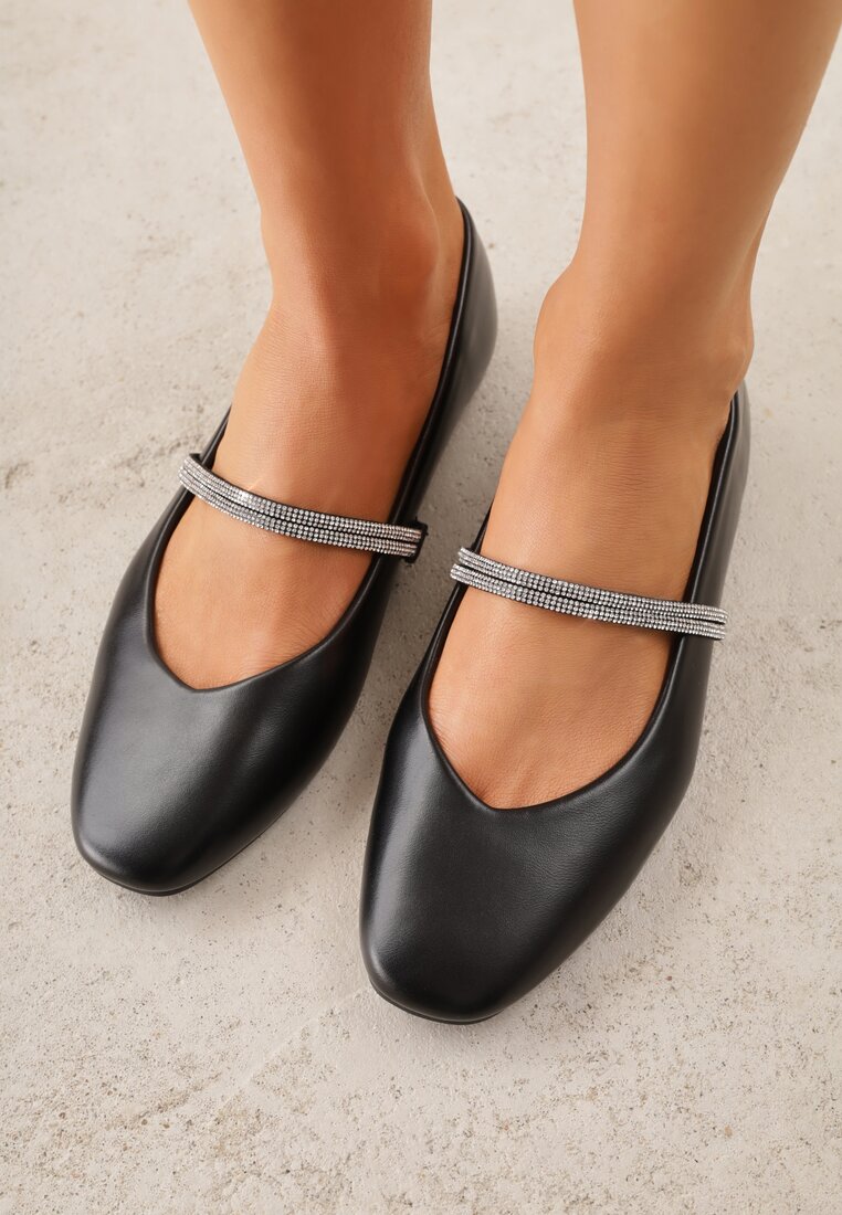 Czarne Balerinki w Stylu Mary Jane z Paskiem z Cyrkoniami Cireris