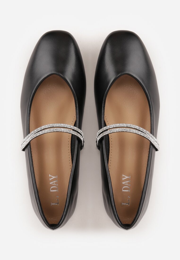 Czarne Balerinki w Stylu Mary Jane z Paskiem z Cyrkoniami Cireris
