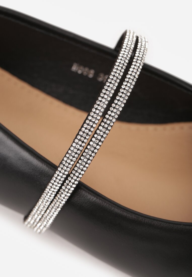 Czarne Balerinki w Stylu Mary Jane z Paskiem z Cyrkoniami Cireris