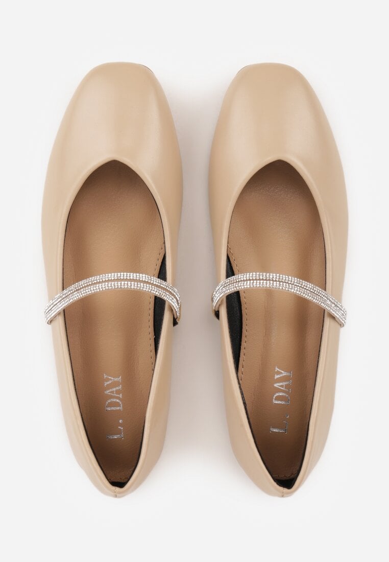 Beżowe Balerinki w Stylu Mary Jane z Paskiem z Cyrkoniami Cireris