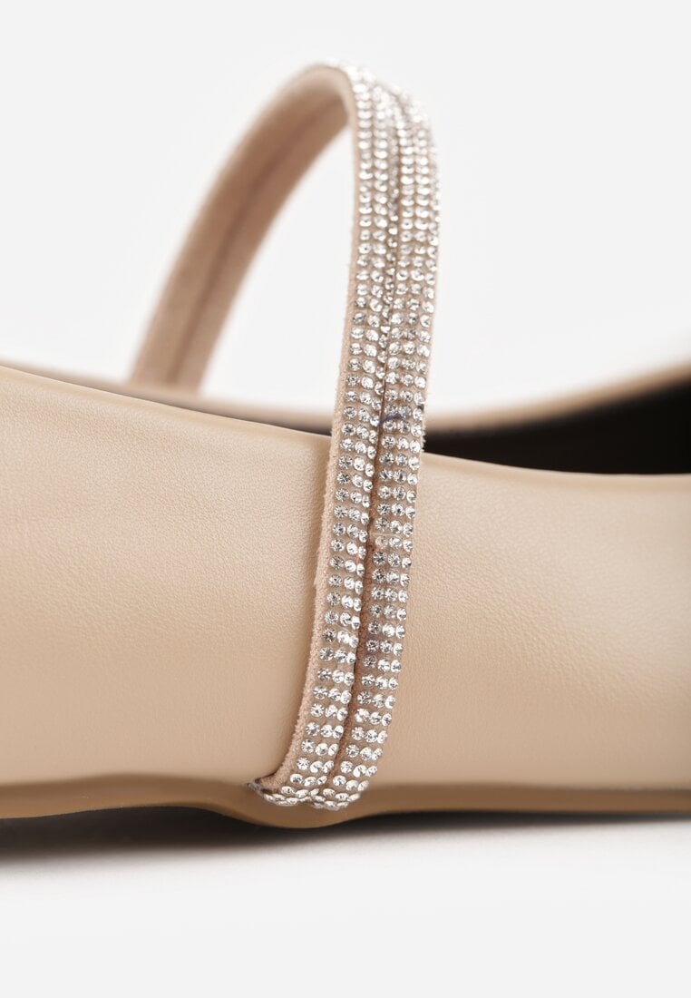 Beżowe Balerinki w Stylu Mary Jane z Paskiem z Cyrkoniami Cireris