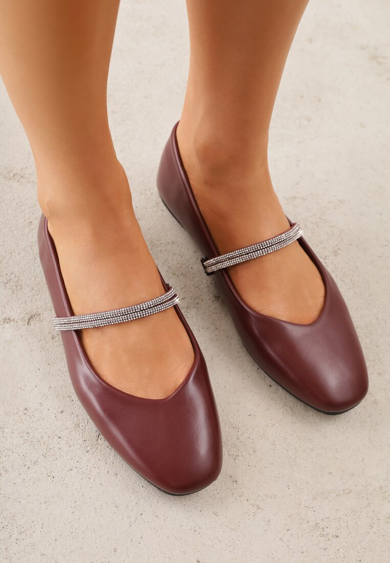 Bordowe Balerinki w Stylu Mary Jane z Paskiem z Cyrkoniami Cireris