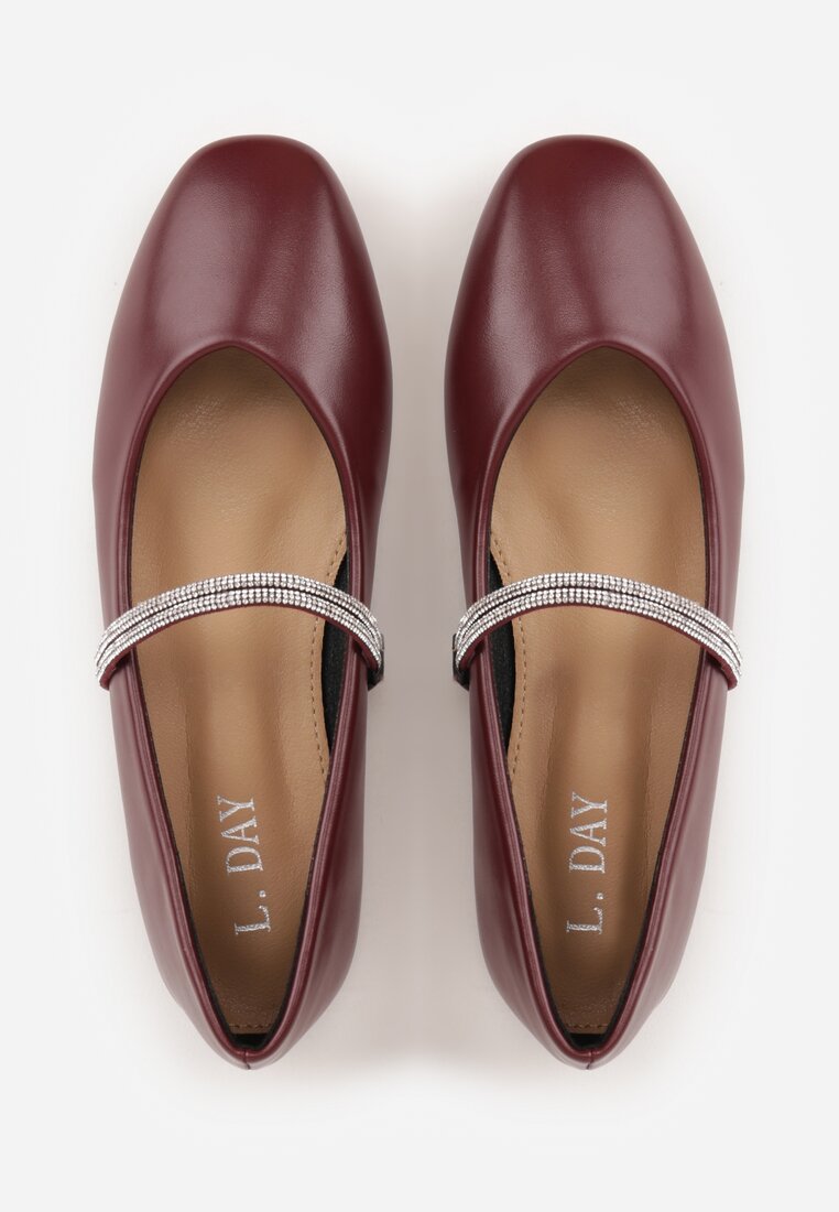 Bordowe Balerinki w Stylu Mary Jane z Paskiem z Cyrkoniami Cireris