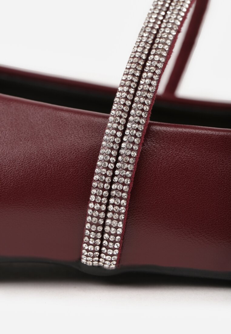 Bordowe Balerinki w Stylu Mary Jane z Paskiem z Cyrkoniami Cireris