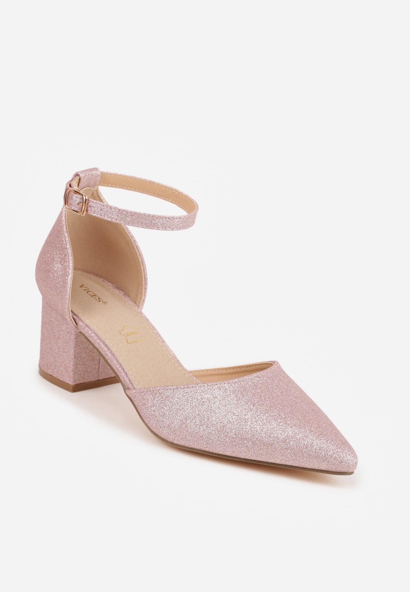 Szampańskie Czółenka VICES na Słupku ze Skórzaną Wkładką i Brokatem Corilina