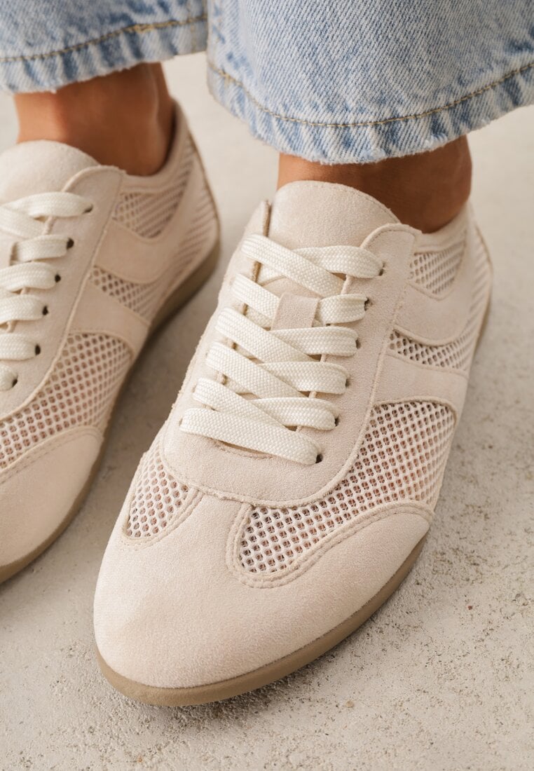 Beżowe Siateczkowe Sneakersy w Stylu Tenisówek Adranella