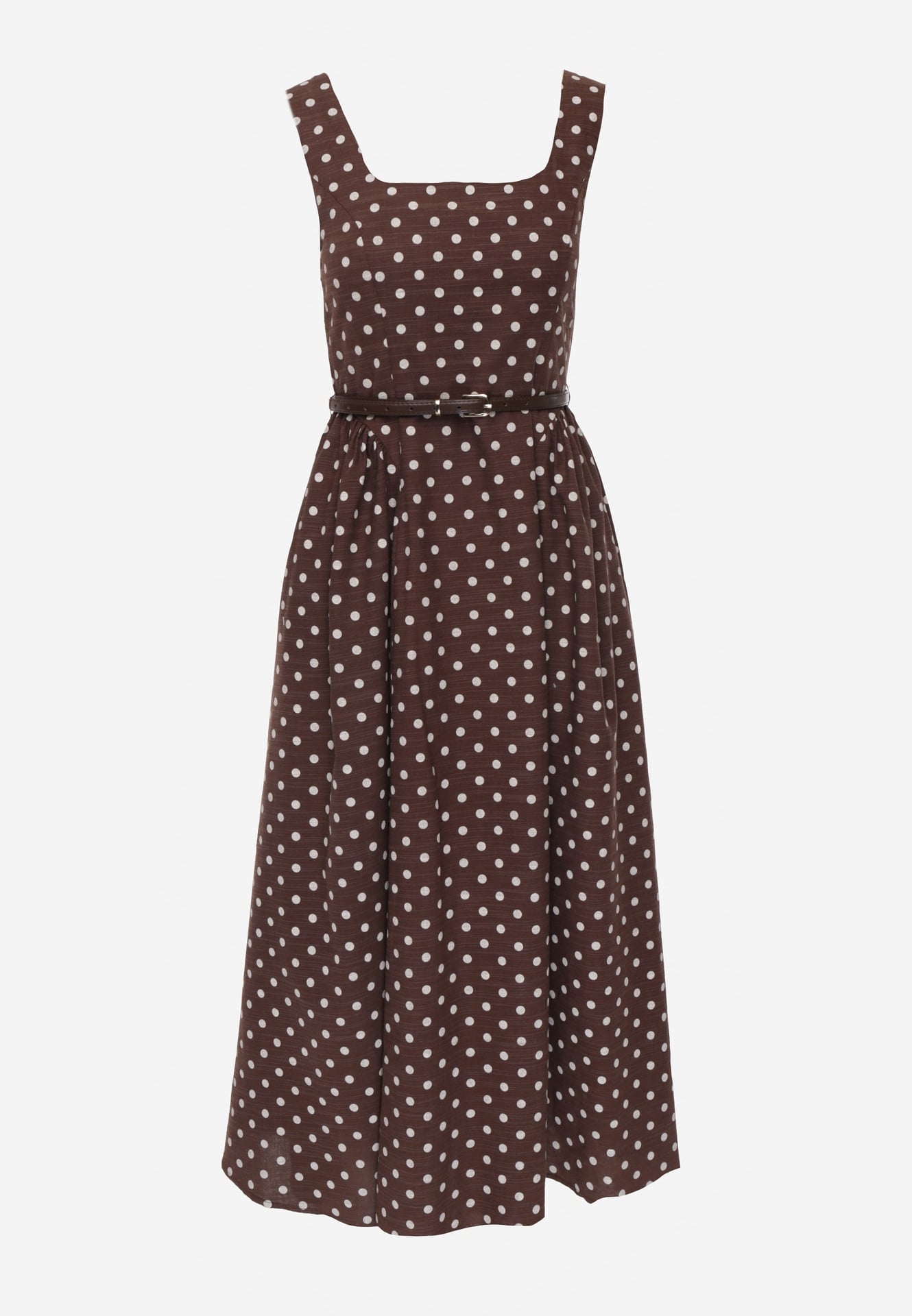 Brązowa Retro Sukienka z Bawełny i Wiskozy w Kropki o Rozkloszowanym Kroju Phrithoe