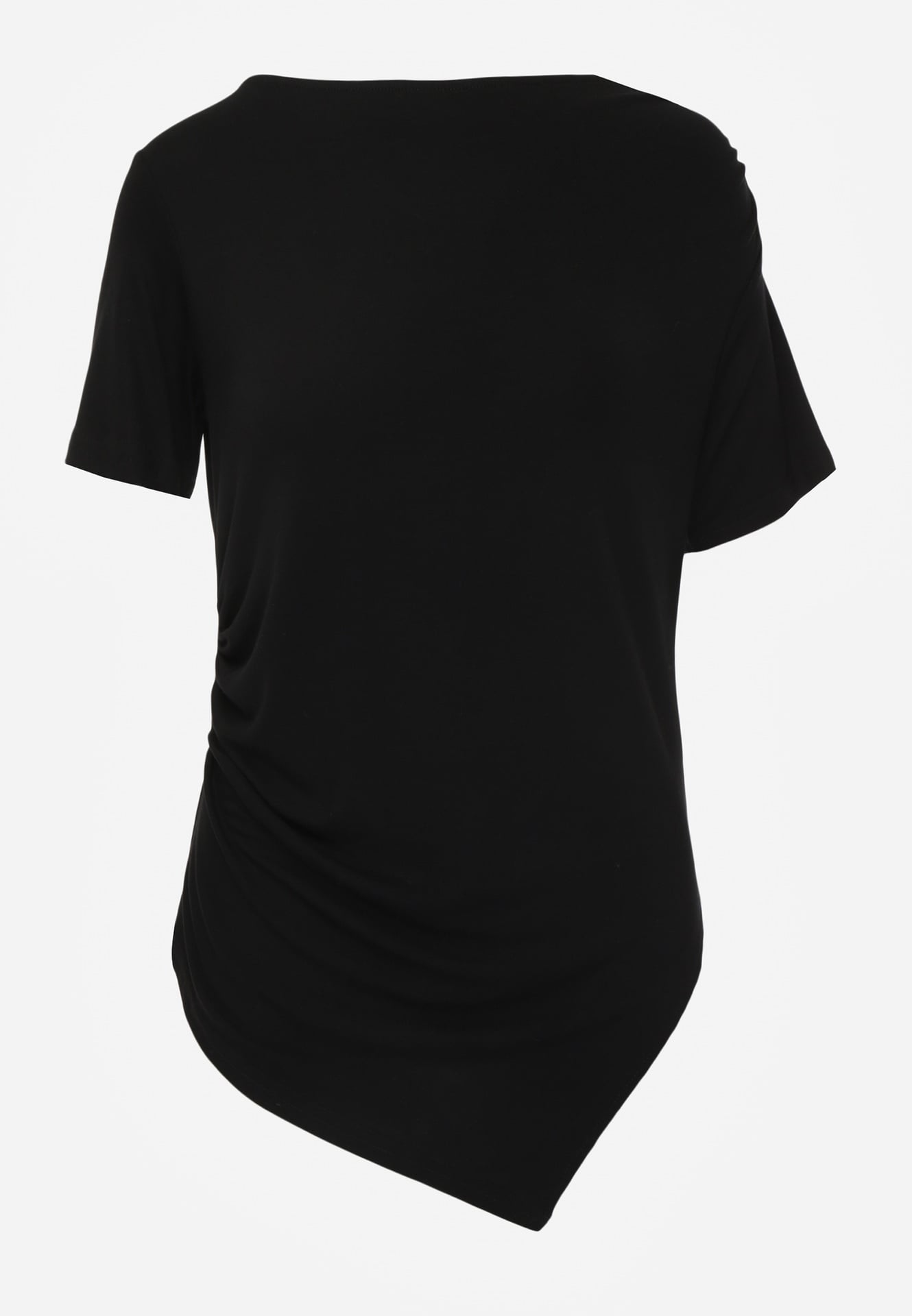 Czarna Asymetryczna Bluzka z Wiskozy z Krótkim Rękawem Zdobiona Marszczeniem Undishi