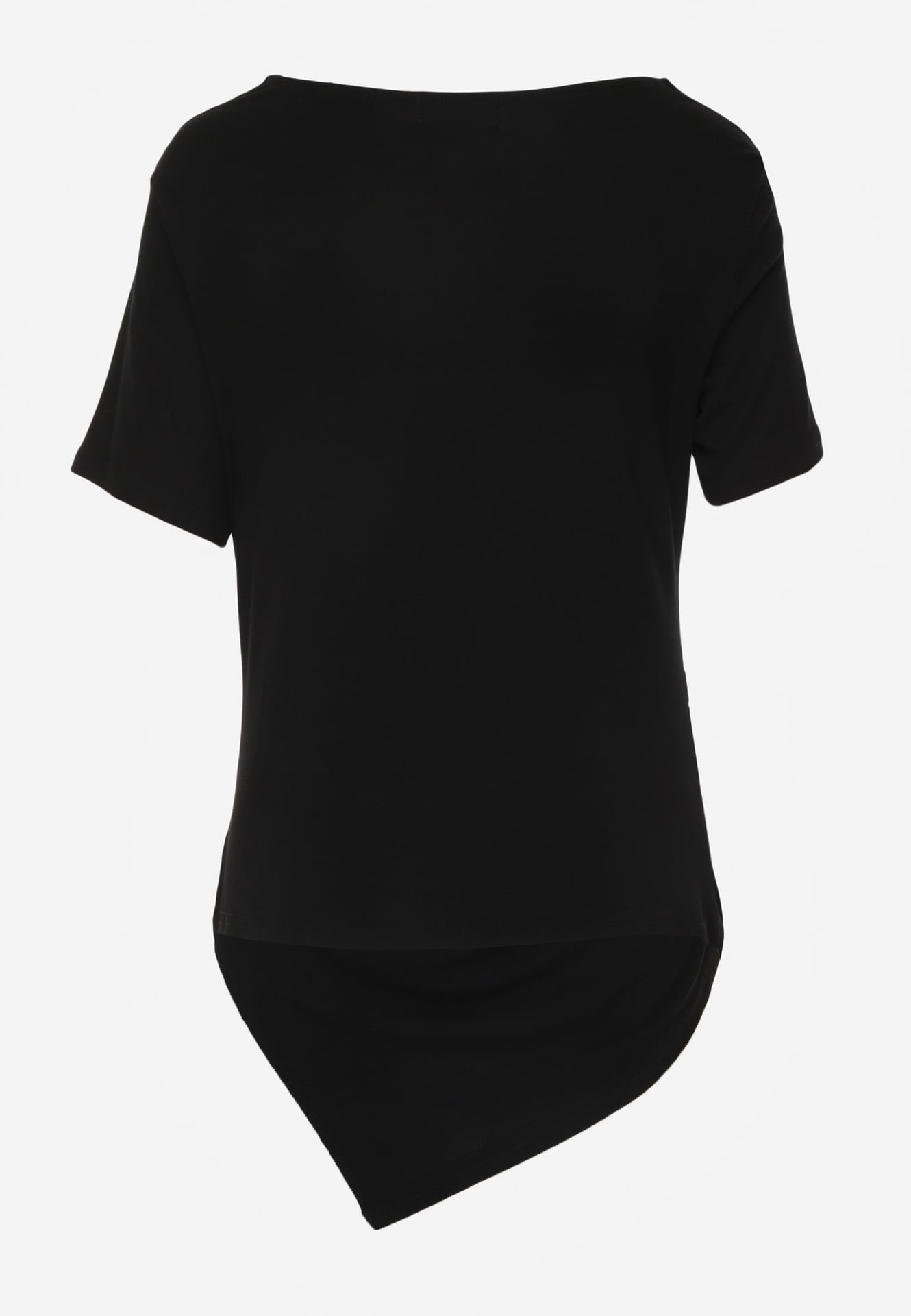 Czarna Asymetryczna Bluzka z Wiskozy z Krótkim Rękawem Zdobiona Marszczeniem Undishi