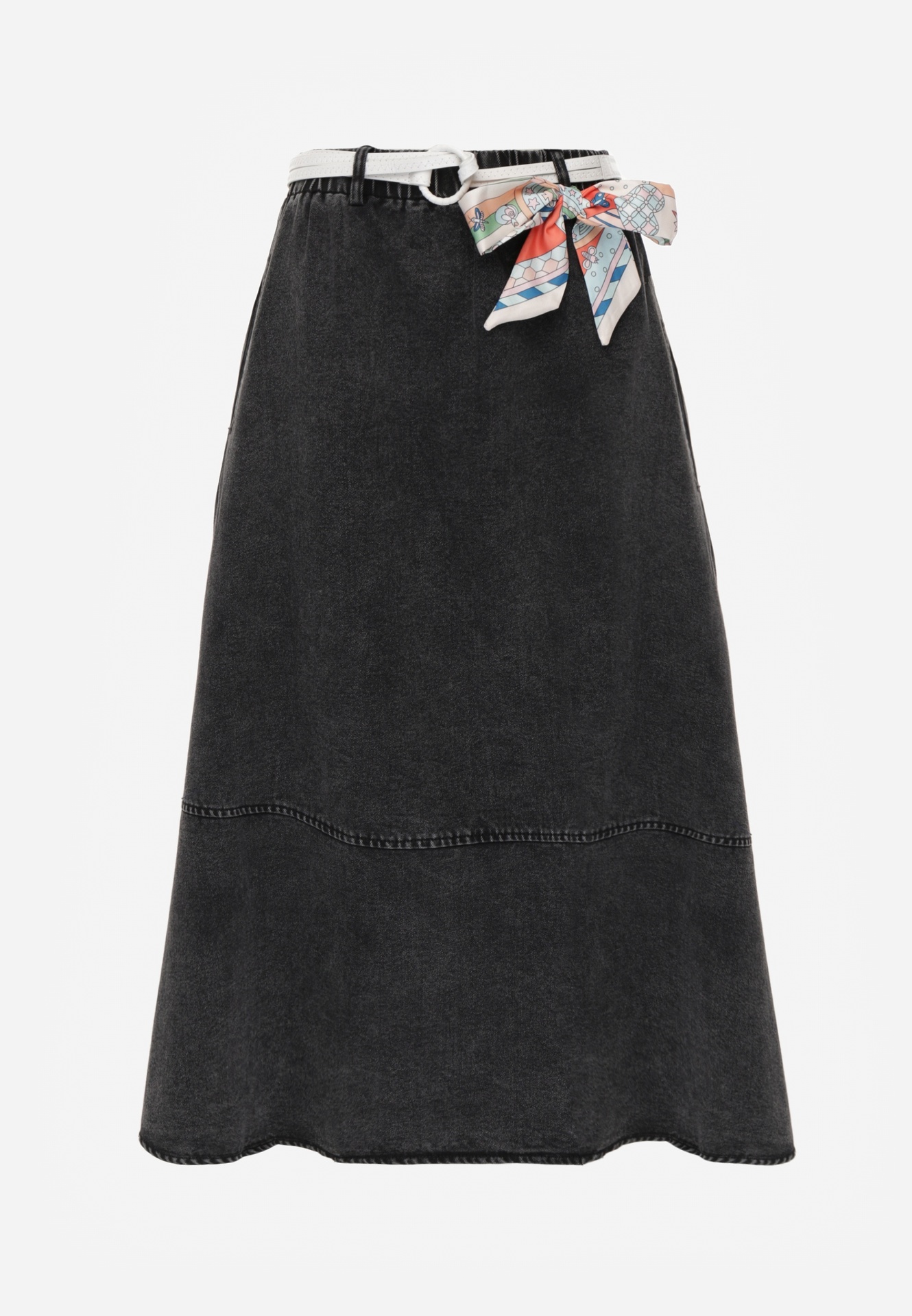 Czarna Bawełniana Spódnica Jeansowa o Rozkloszowanym Kroju z Ozdobnym Paskiem Eatiane