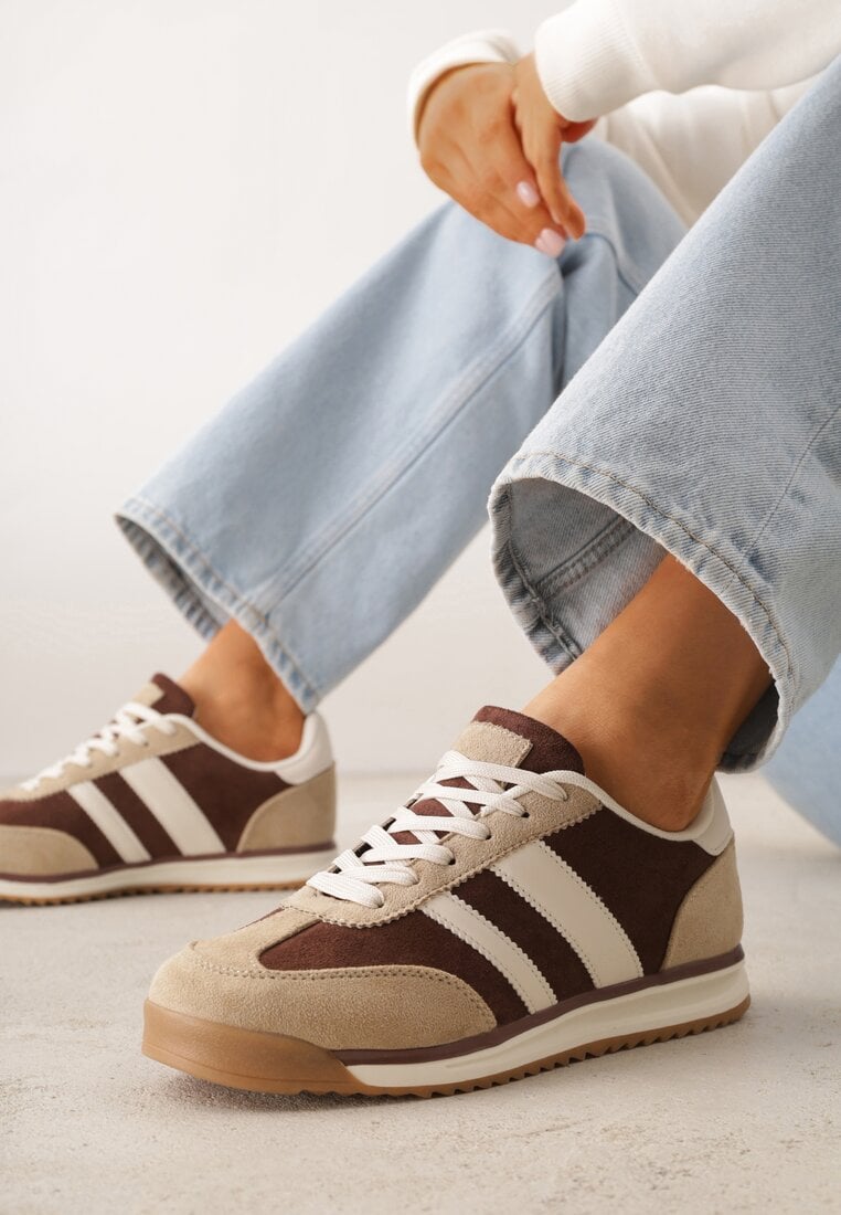 Brązowe Sneakersy Ozdobione z Boku Paskami Ariene