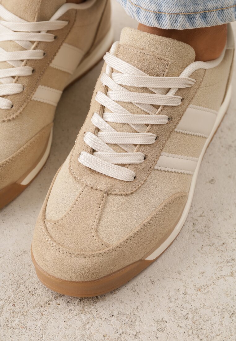 Beżowe Sneakersy Ozdobione z Boku Paskami Ariene