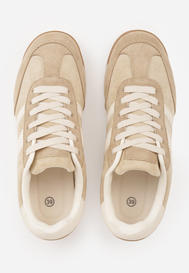 Beżowe Sneakersy Ozdobione z Boku Paskami Ariene