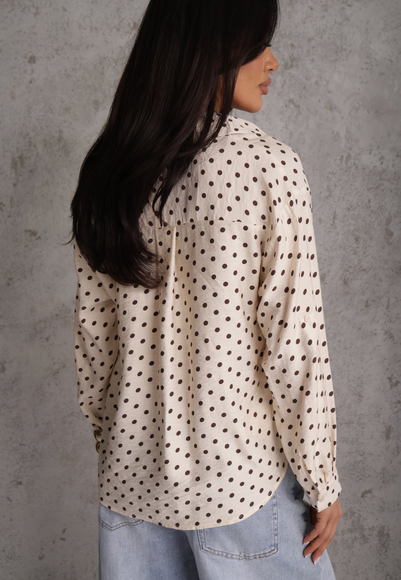 Beżowa Koszula w Groszki z Wiskozy Zdobiona Węzłem Aetherissa