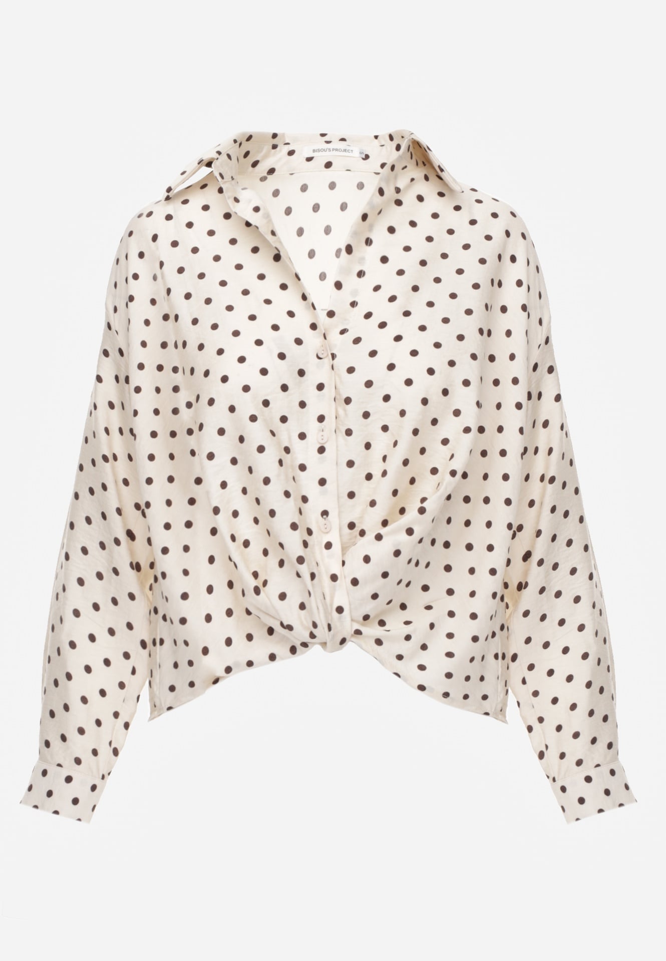 Beżowa Koszula w Groszki z Wiskozy Zdobiona Węzłem Aetherissa