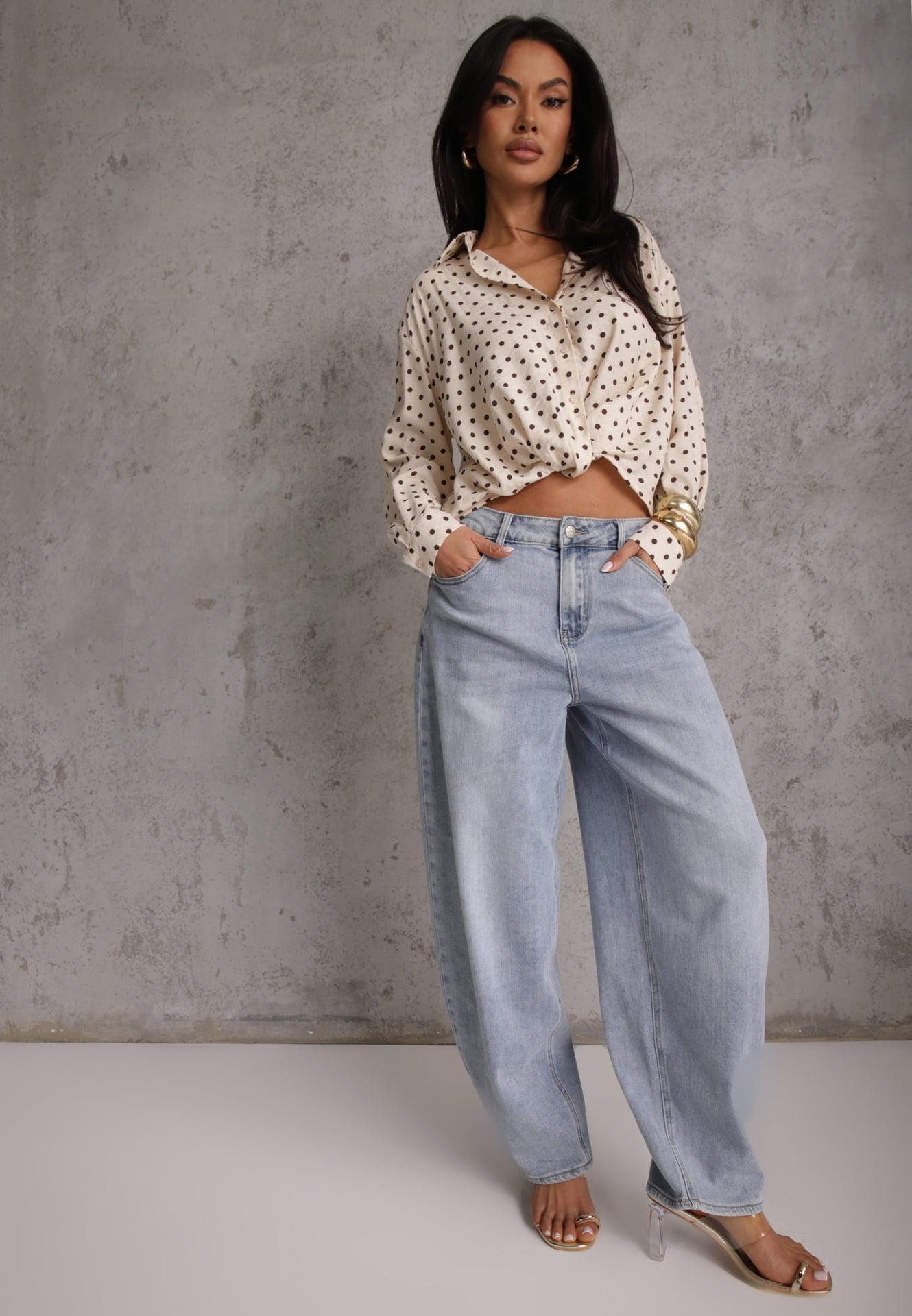 Beżowa Koszula w Groszki z Wiskozy Zdobiona Węzłem Aetherissa