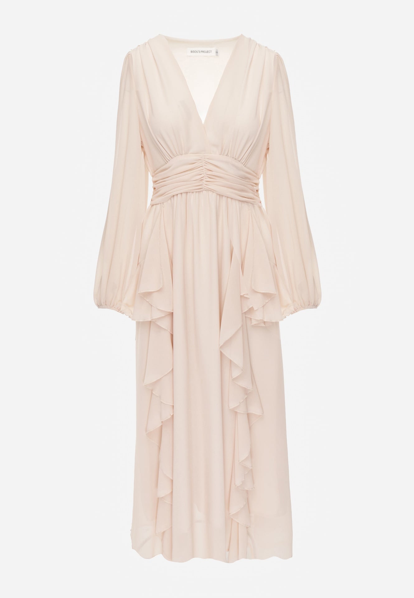 Beżowa Rustykalna Sukienka Wieczorowa z Falbanami i Marszczeniem w Talii Himereanes