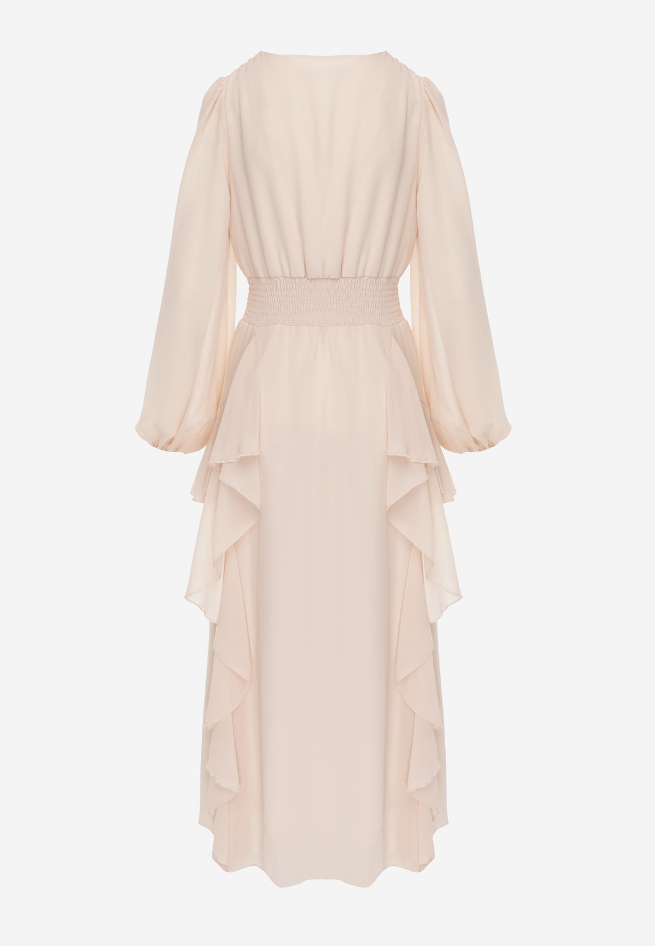 Beżowa Rustykalna Sukienka Wieczorowa z Falbanami i Marszczeniem w Talii Himereanes