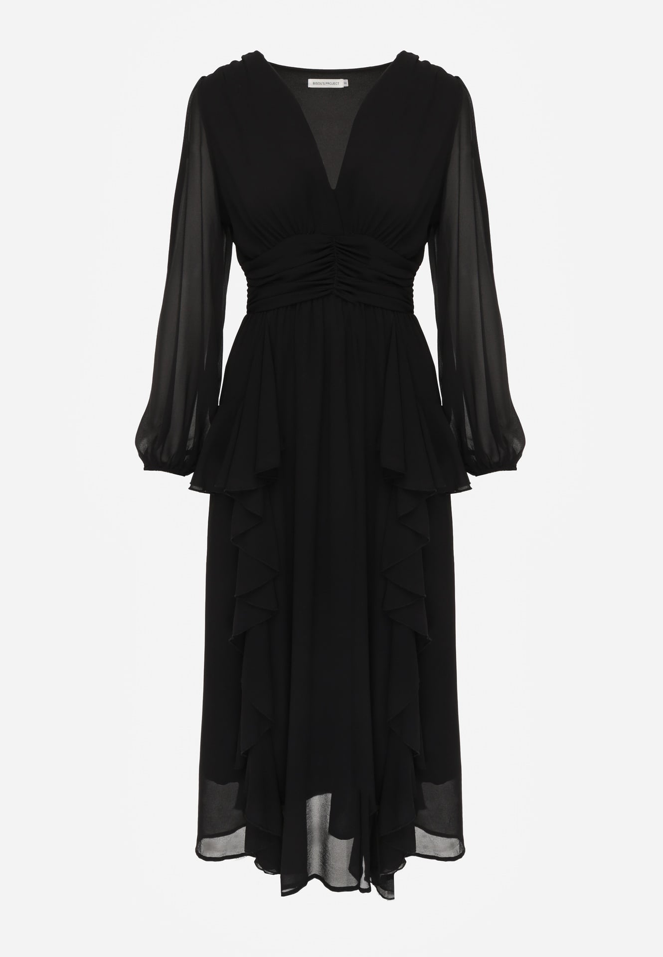 Czarna Rustykalna Sukienka Wieczorowa z Falbanami i Marszczeniem w Talii Himereanes