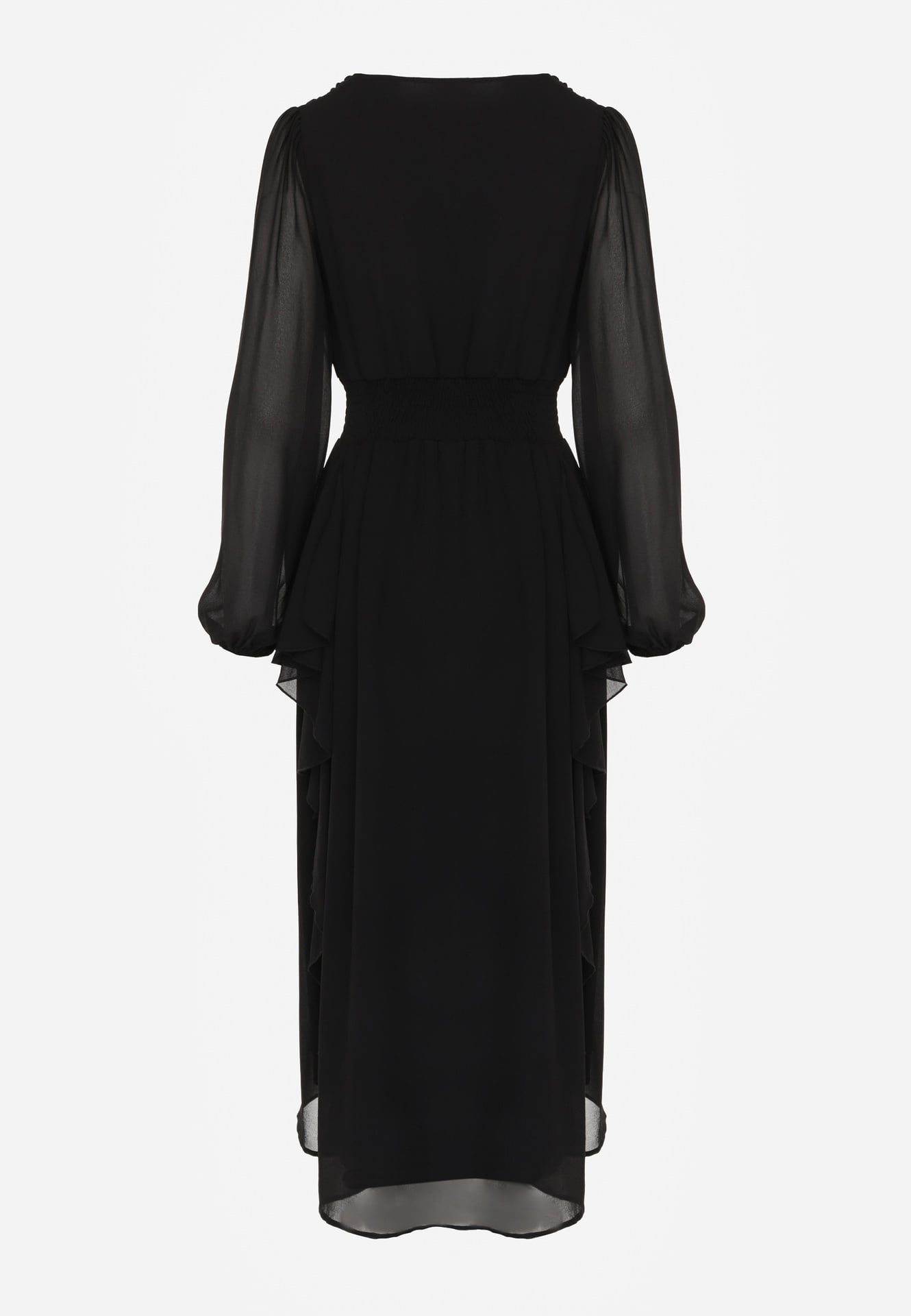 Czarna Rustykalna Sukienka Wieczorowa z Falbanami i Marszczeniem w Talii Himereanes