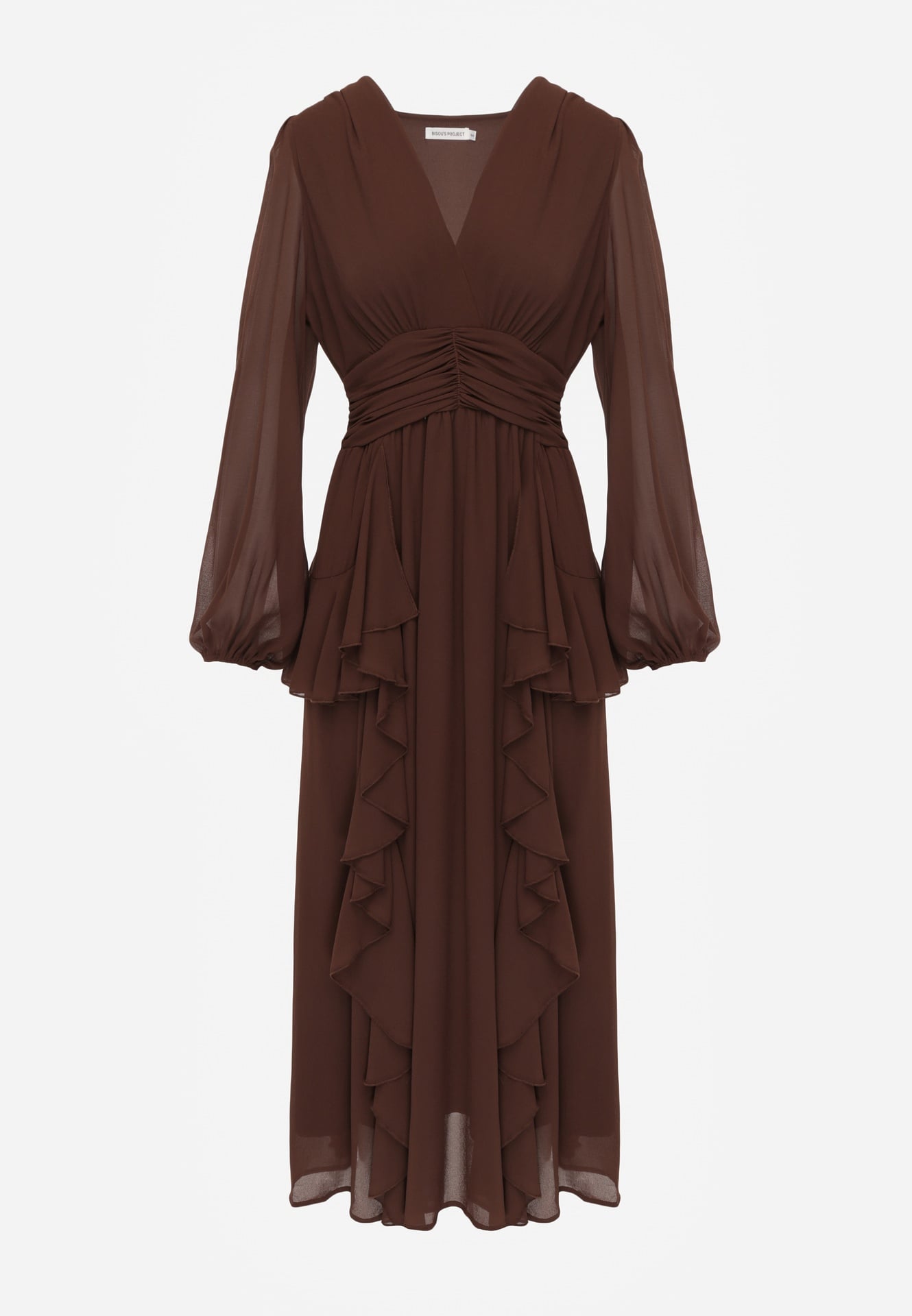 Brązowa Rustykalna Sukienka Wieczorowa z Falbanami i Marszczeniem w Talii Himereanes
