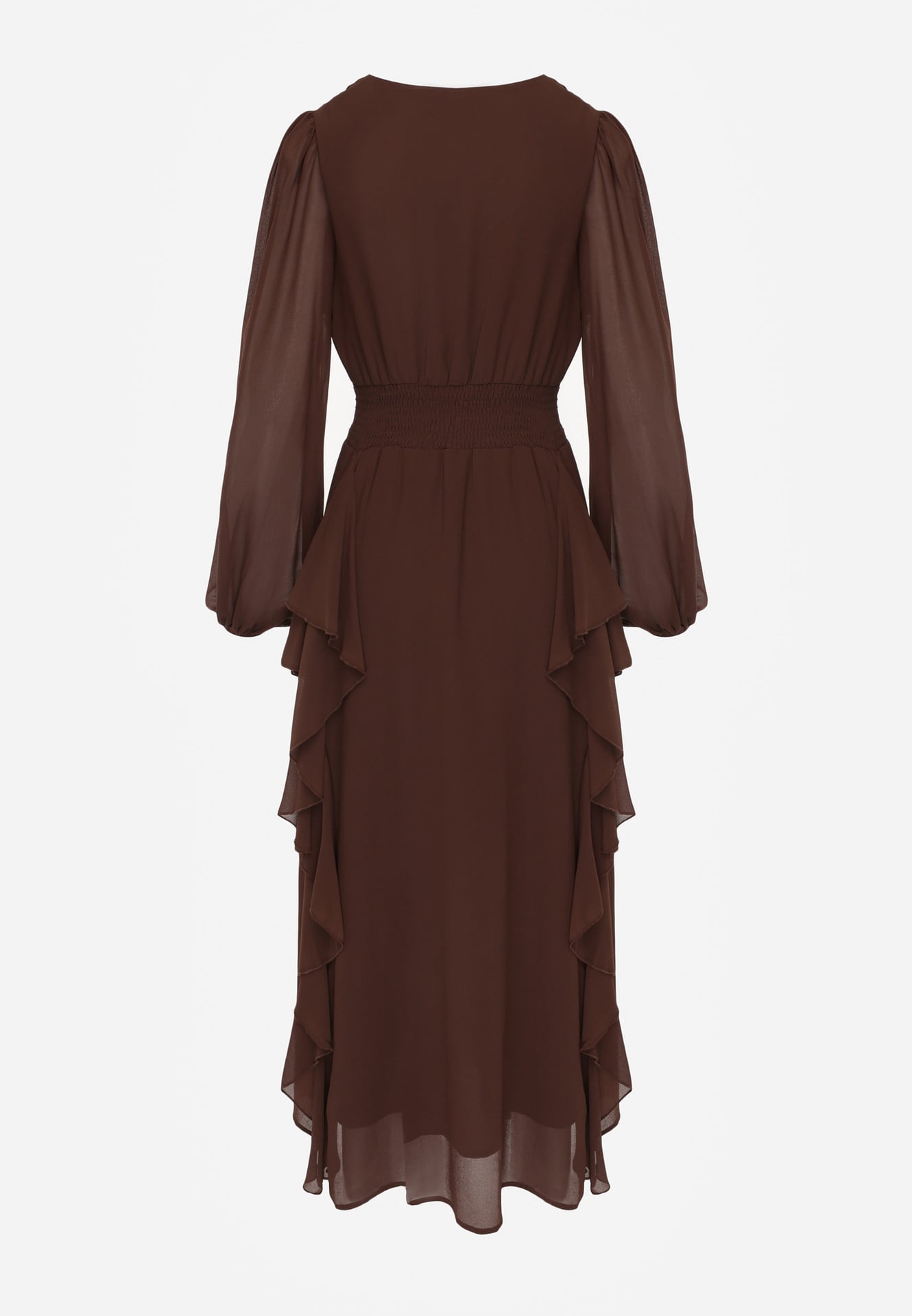 Brązowa Rustykalna Sukienka Wieczorowa z Falbanami i Marszczeniem w Talii Himereanes