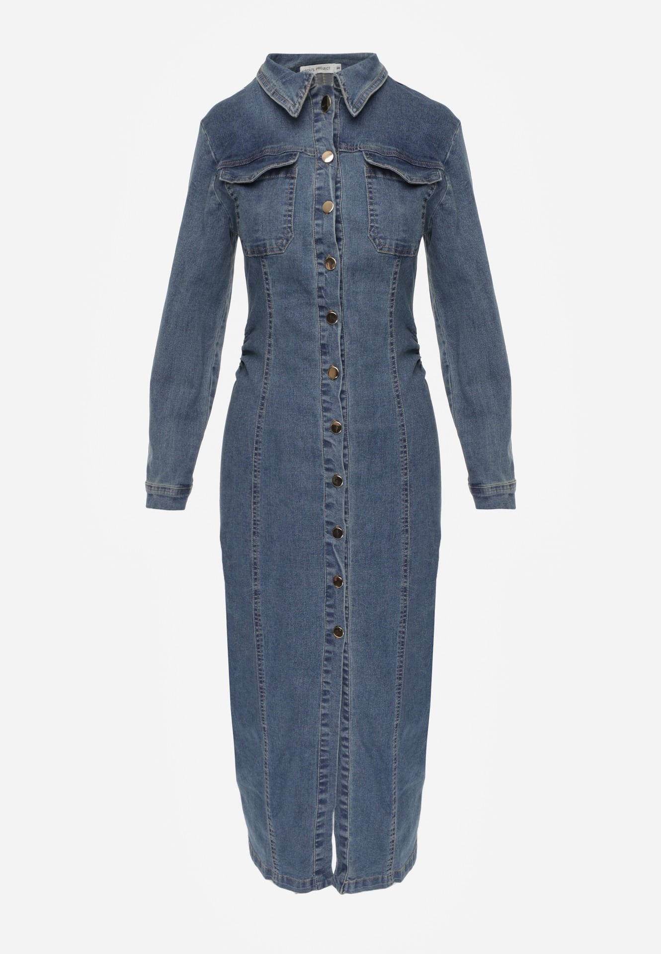 Niebieska Taliowana Sukienka Jeansowa o Koszulowym Fasonie Nezavia