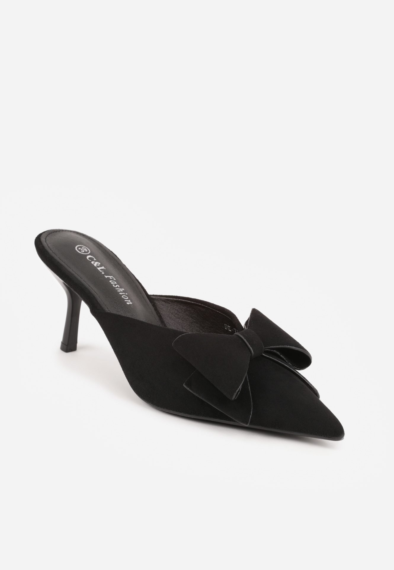 Czarne Klapki Mule na Szpilce z Kokardką Kimoseis