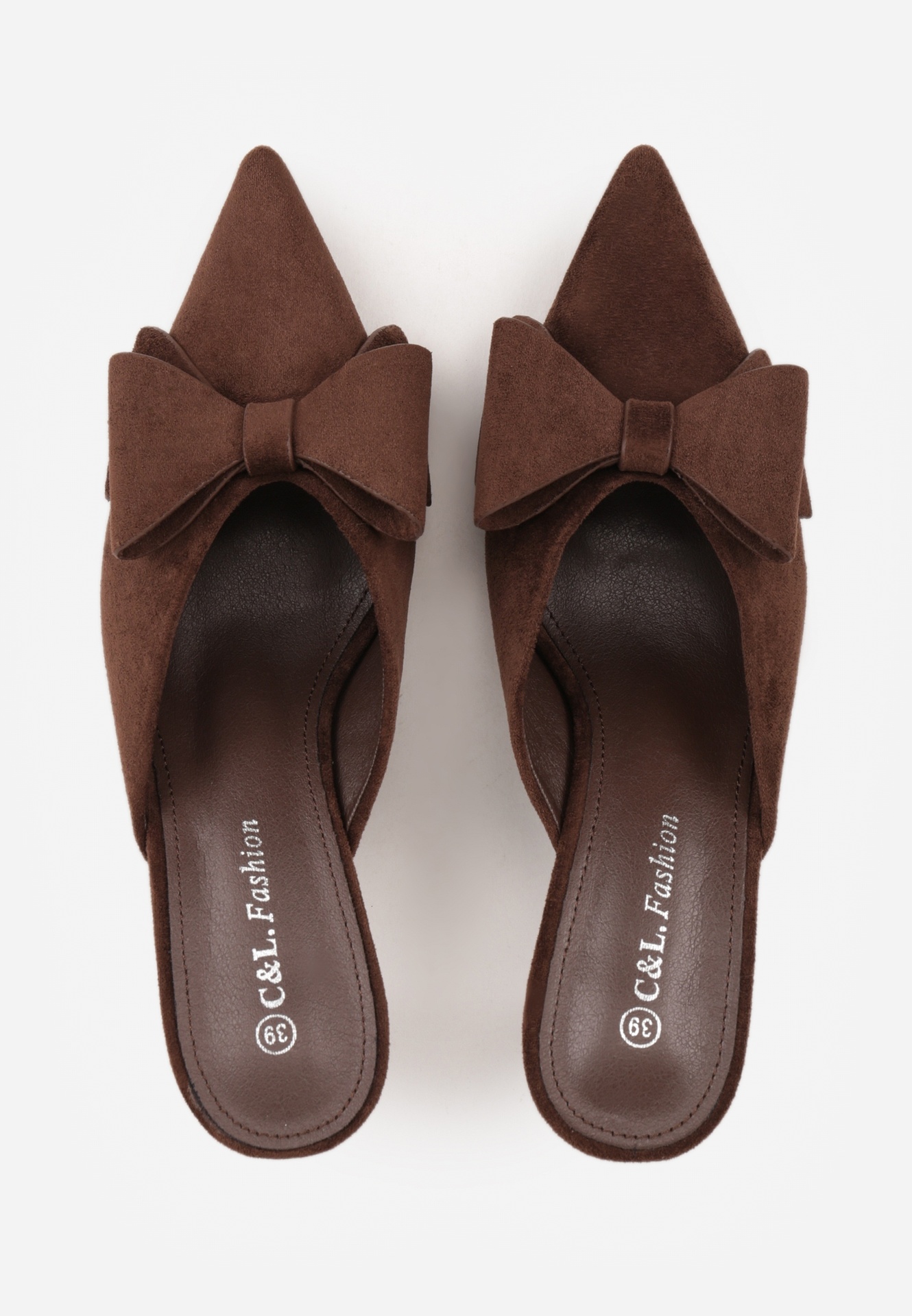 Brązowe Klapki Mule na Szpilce z Kokardką Kimoseis