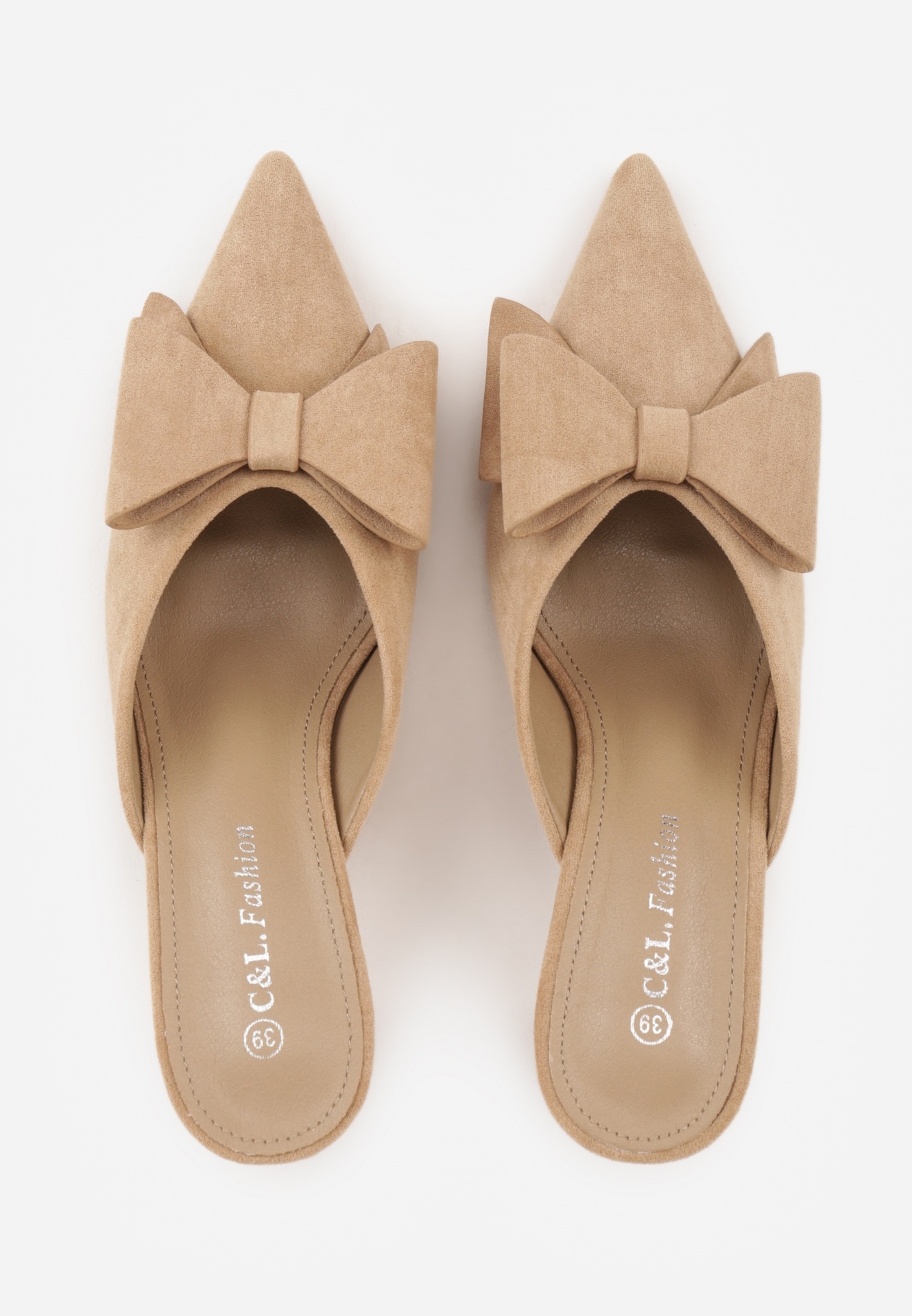 Ciemnobeżowe Klapki Mule na Szpilce z Kokardką Kimoseis