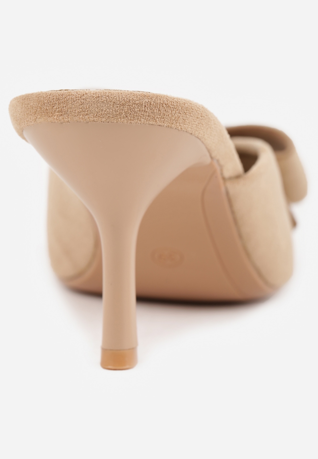 Ciemnobeżowe Klapki Mule na Szpilce z Kokardką Kimoseis