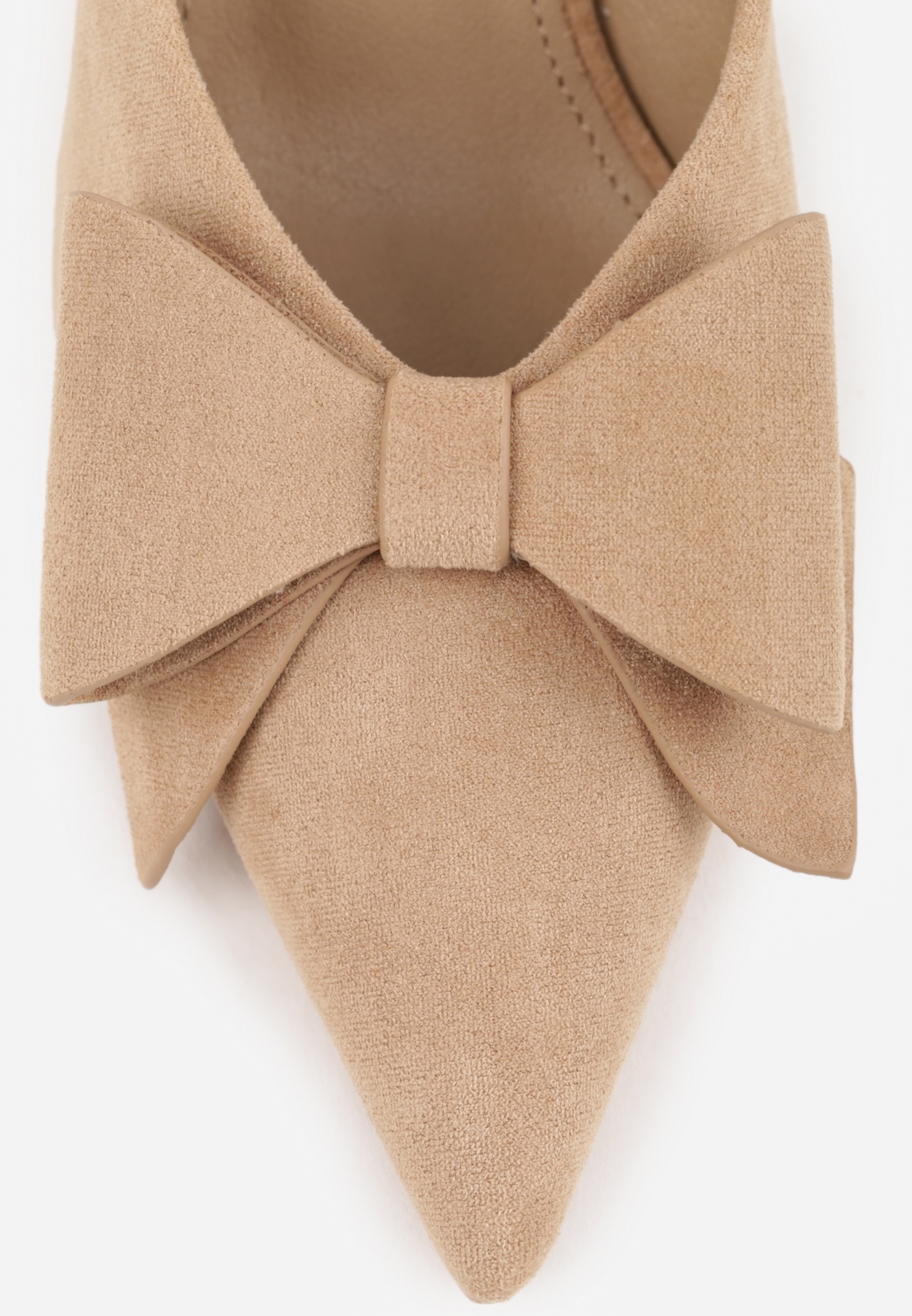 Ciemnobeżowe Klapki Mule na Szpilce z Kokardką Kimoseis