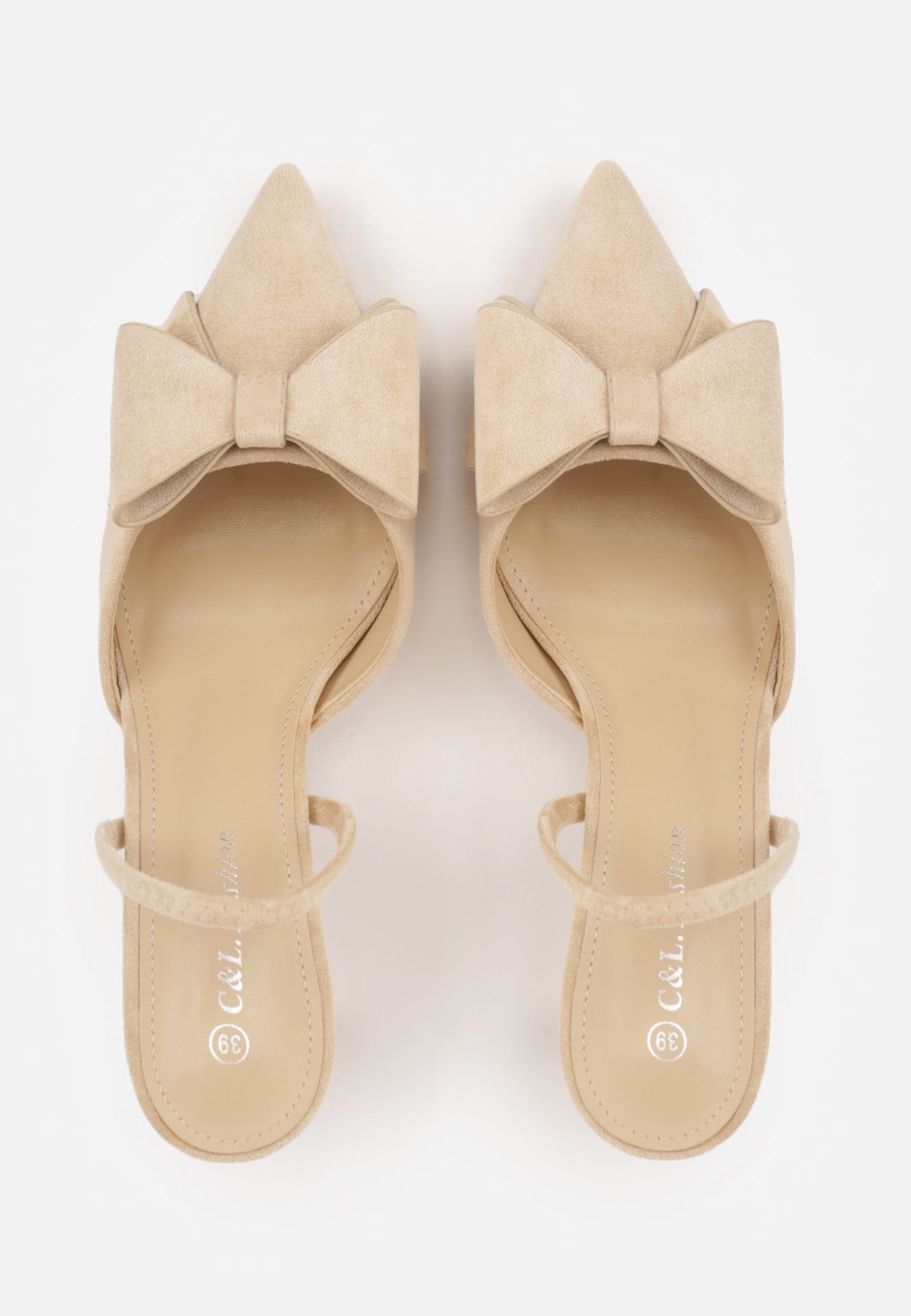 Beżowe Szpilki z Imitacji Zamszu z Paskiem na Piętę i Ozdobną Kokardą Themigeia