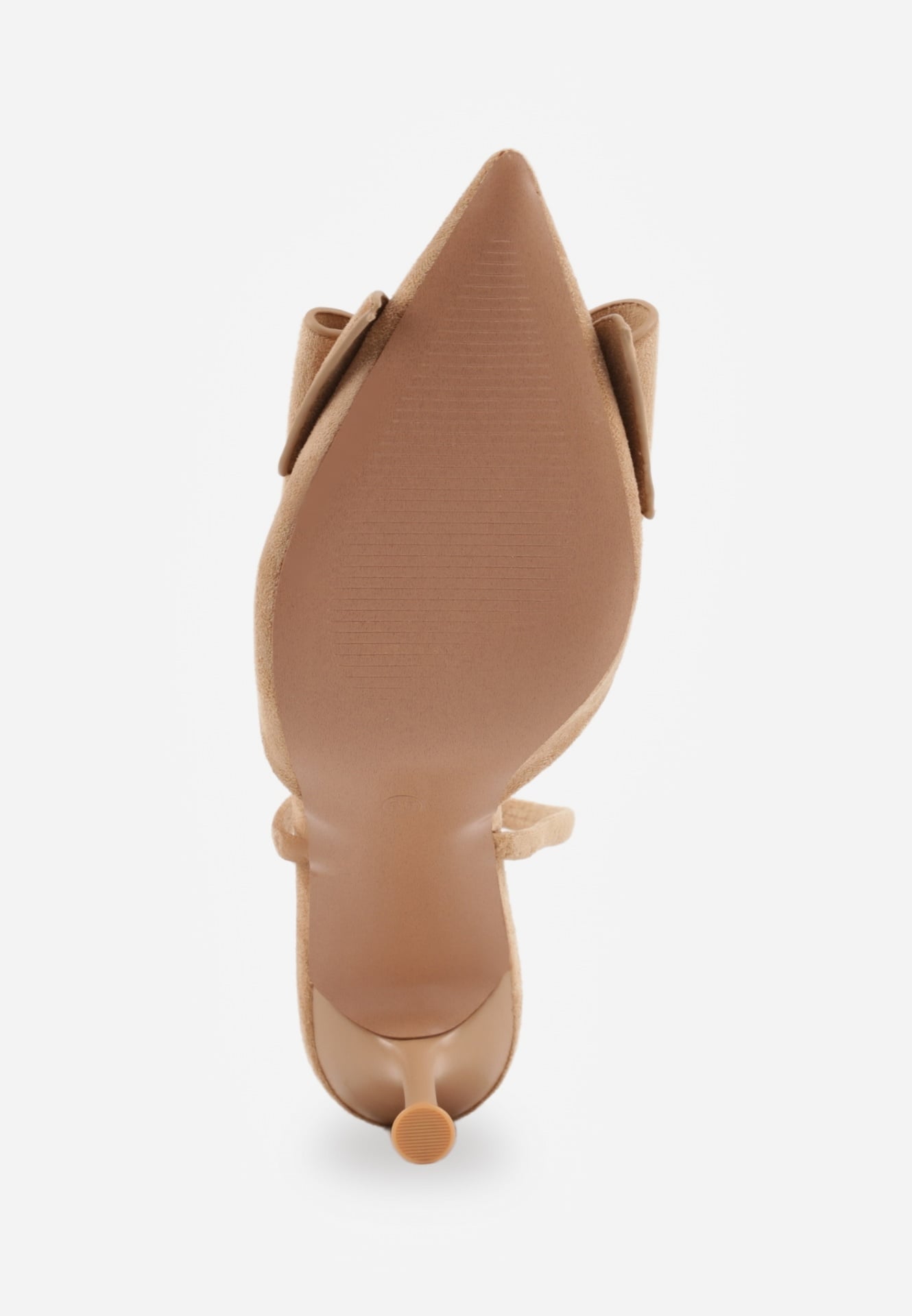 Ciemnobeżowe Szpilki z Imitacji Zamszu z Paskiem na Piętę i Ozdobną Kokardą Themigeia