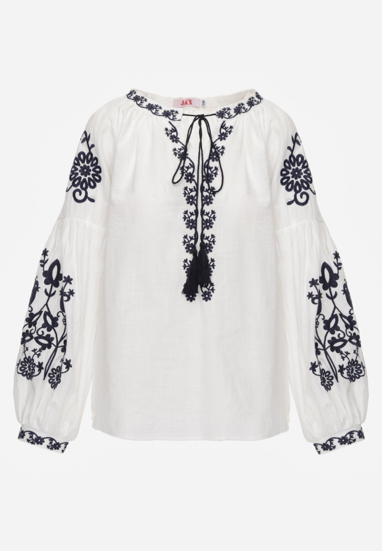 Biała Rustykalna Bluzka z Bawełny Zdobiona Haftem i Sznurkiem z Chwostami Marytea