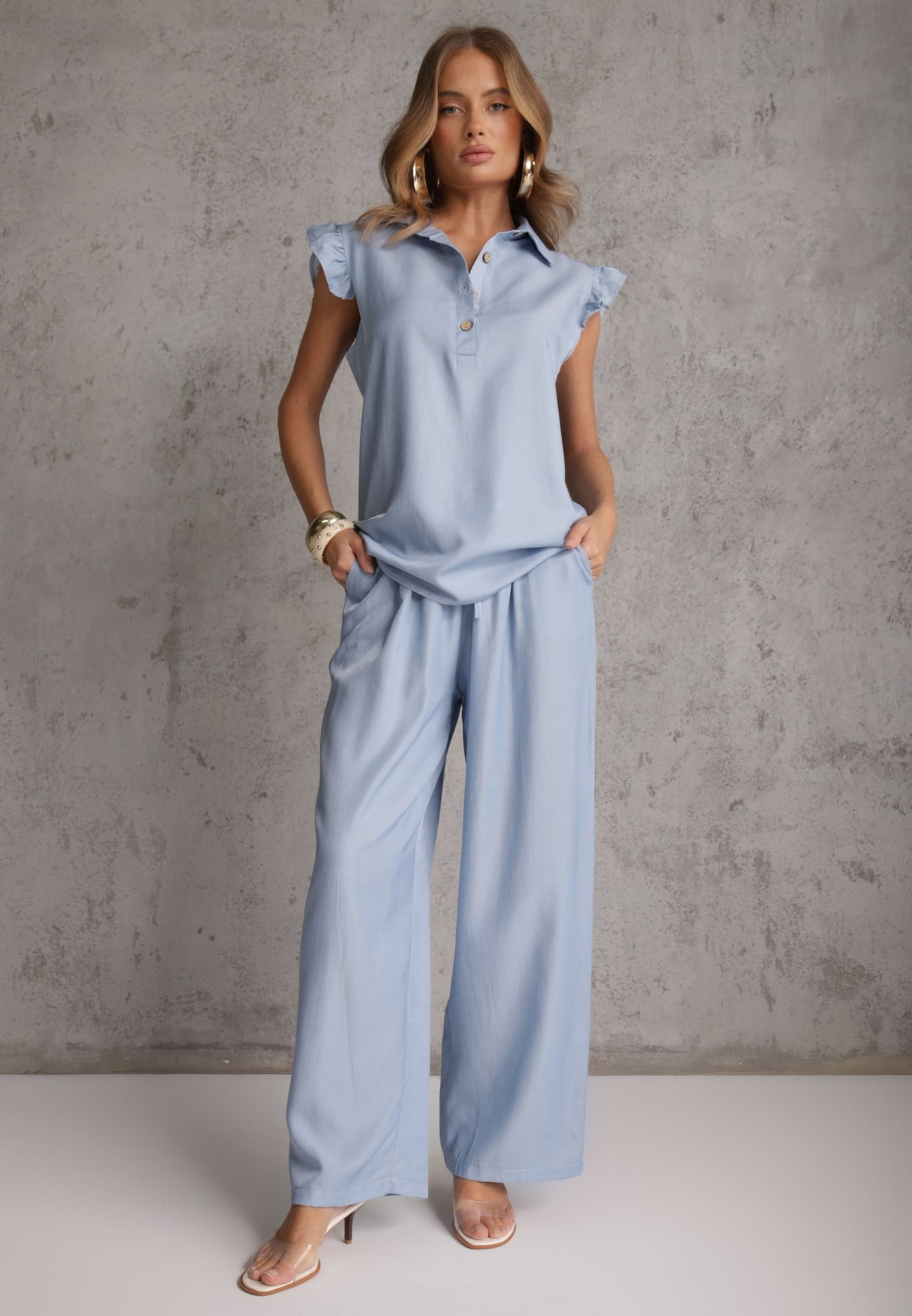Jasnoniebieski Komplet z Wiskozą Bluzka z Kołnierzem i Spodnie Wide Leg Naunne