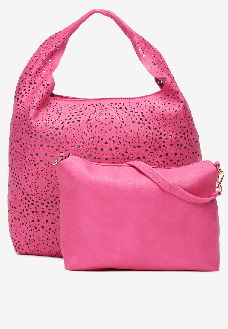 Różowa Ażurowa Torebka Worek na Ramię z Kosmetyczką z Dodatkowym Paskiem Eponia