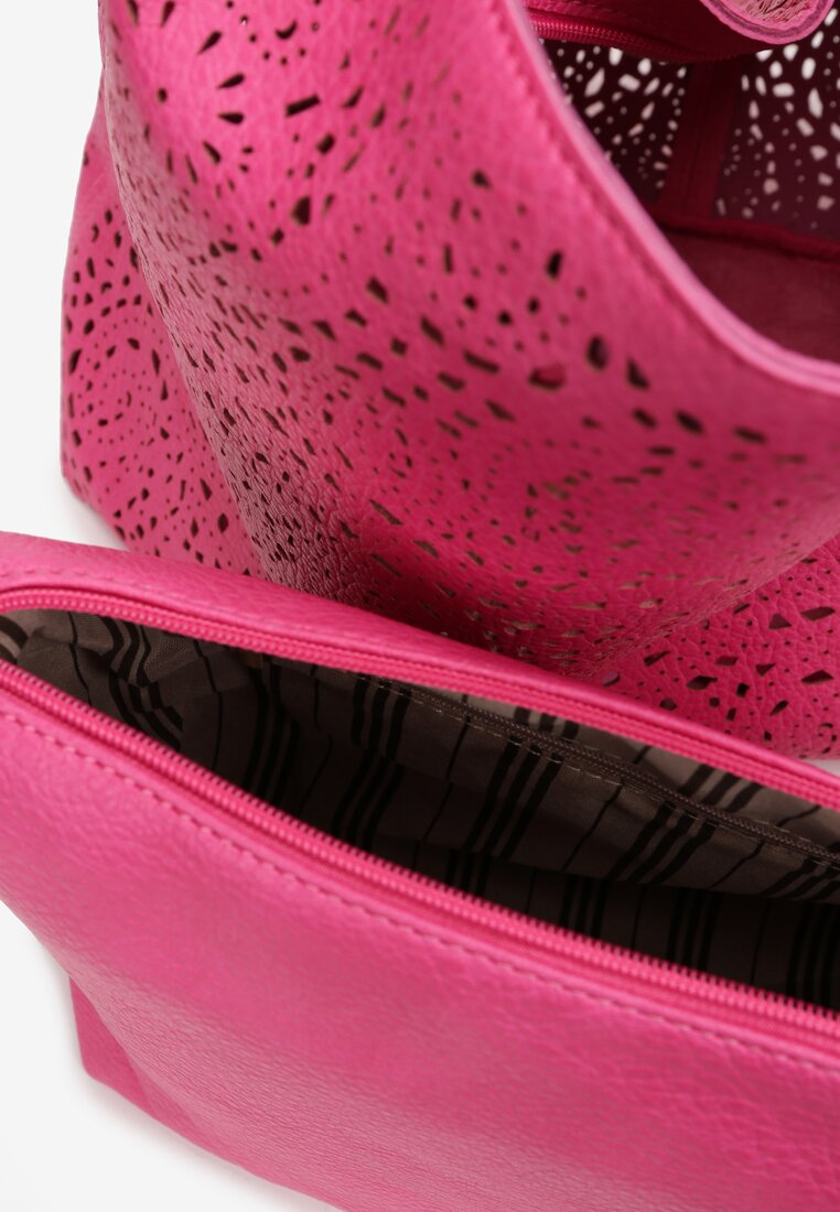 Różowa Ażurowa Torebka Worek na Ramię z Kosmetyczką z Dodatkowym Paskiem Eponia