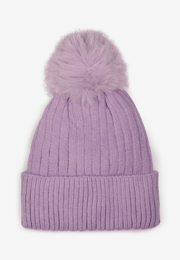 Căciulă Tricotată Violetă din Viscoză cu Pompon de Blană Huded