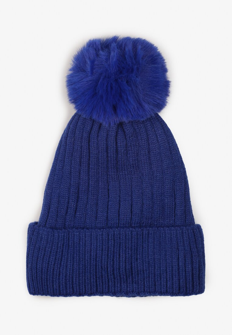 Căciulă Tricotată Bleumarin din Viscoză cu Pompon din Blană Huded