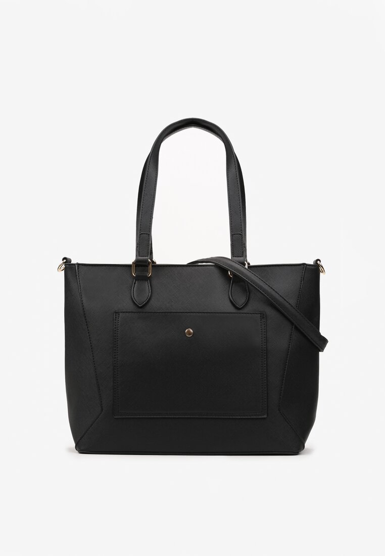 Czarna Torebka Shopper z Ekoskóry z Naszytymi Kieszonkami Fiorata
