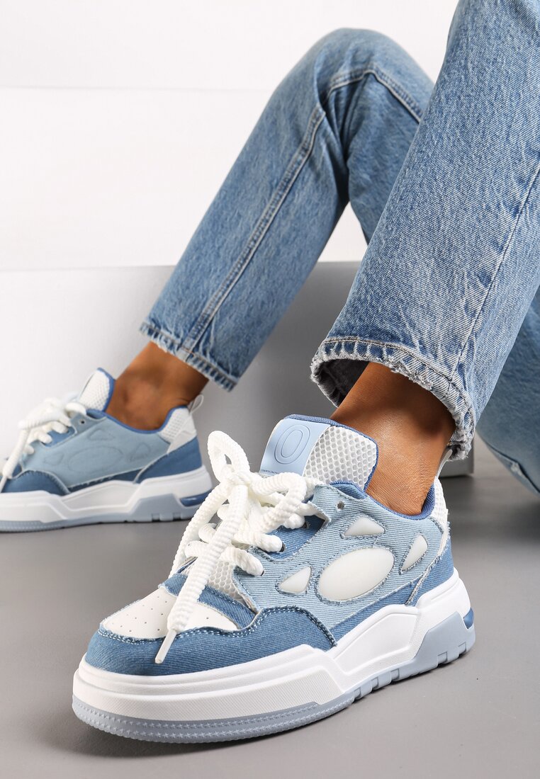 Niebieskie Sneakersy na Niskiej Platformie z Grubymi Sznurowadłami Odellia