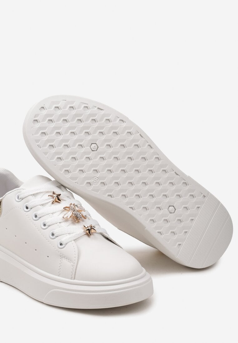 Biało-Złote Sneakersy na Grubej Podeszwie z Błyszczącymi Ozdobami na Sznurówkach Meepinora