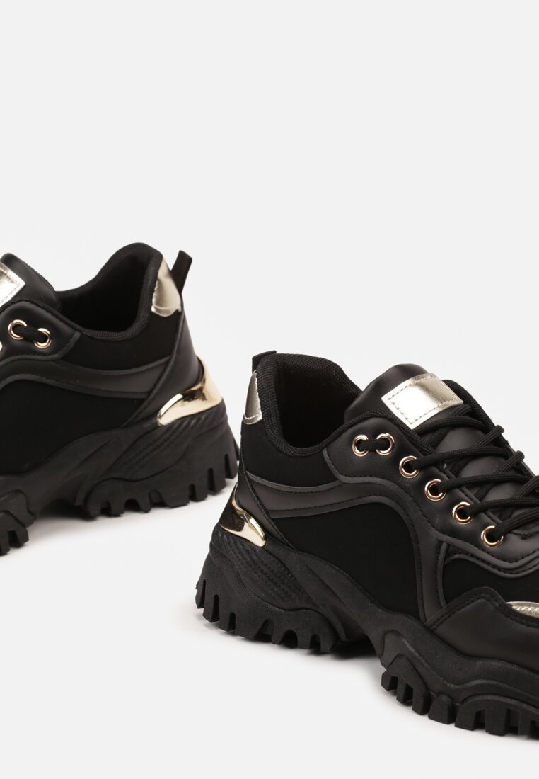 Czarno-Złote Sneakersy na Grubej Podeszwie z Metalicznymi Wstawkami Polonaise