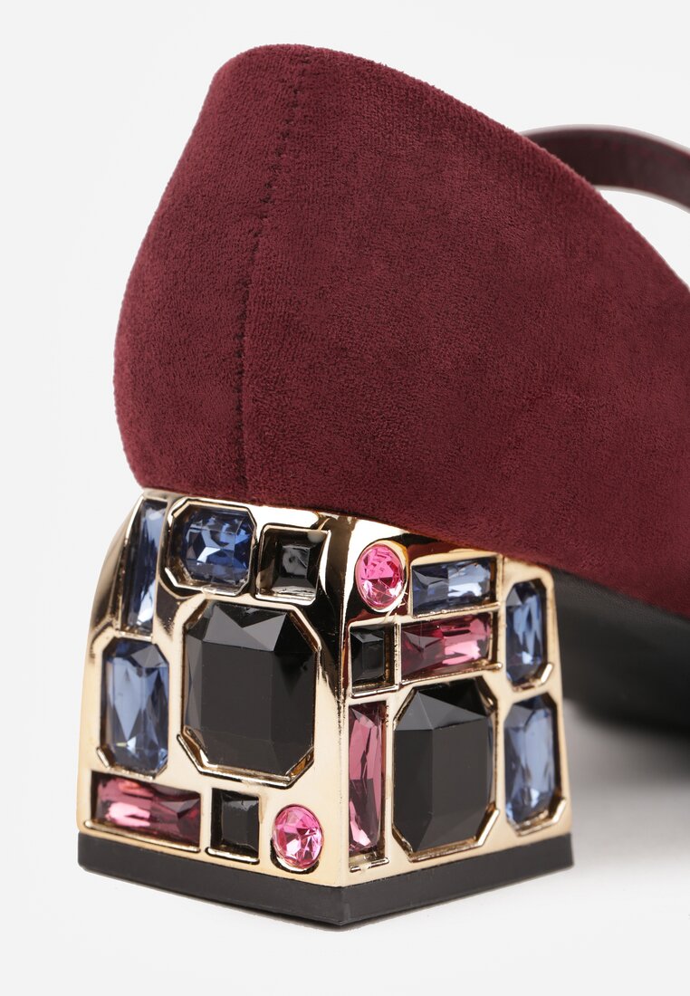 Bordowe Czółenka Vices na Obcasie z Biżuteryjnym Zdobieniem ze Sprzączką i Skórzaną Wkładką Aletan