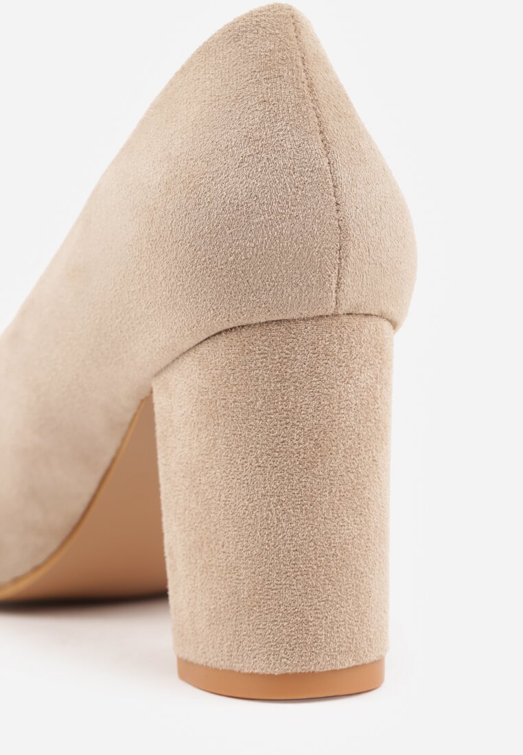 Ciemnobeżowe Casualowe Czółenka na Słupku ze Skórzaną Wkładką Maicie