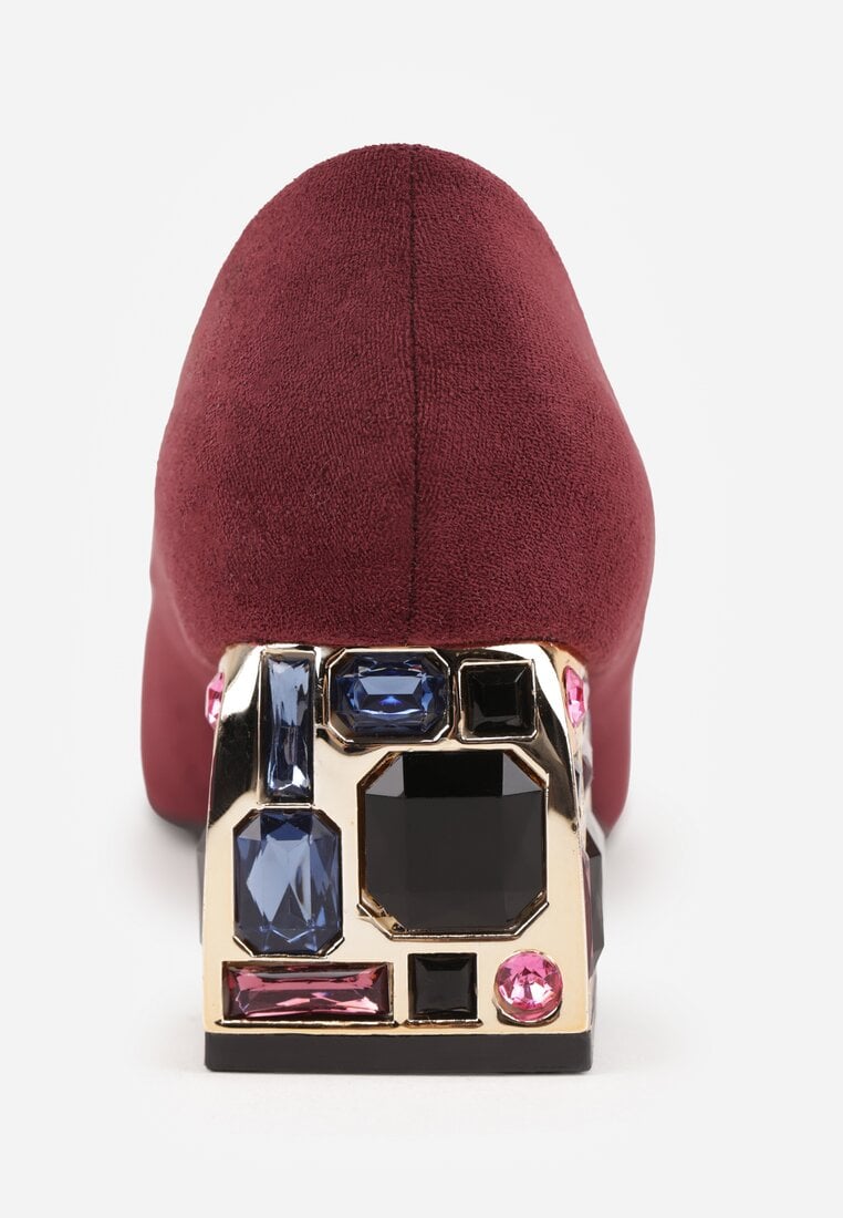 Bordowe Czółenka na Słupku Ozdobionym Cyrkoniami z Wkładką ze Skóry Clesina