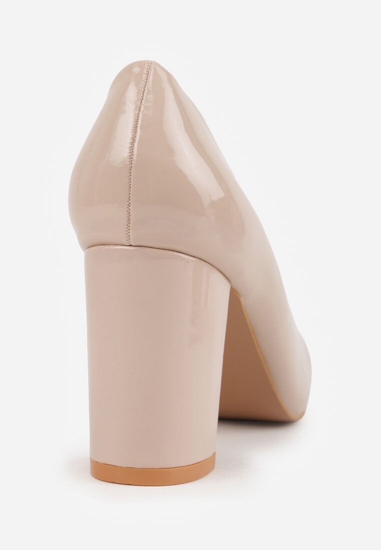 Beżowe Czółenka Lakierowane na Słupku z Wkładką ze Skóry Naturalnej Naorine